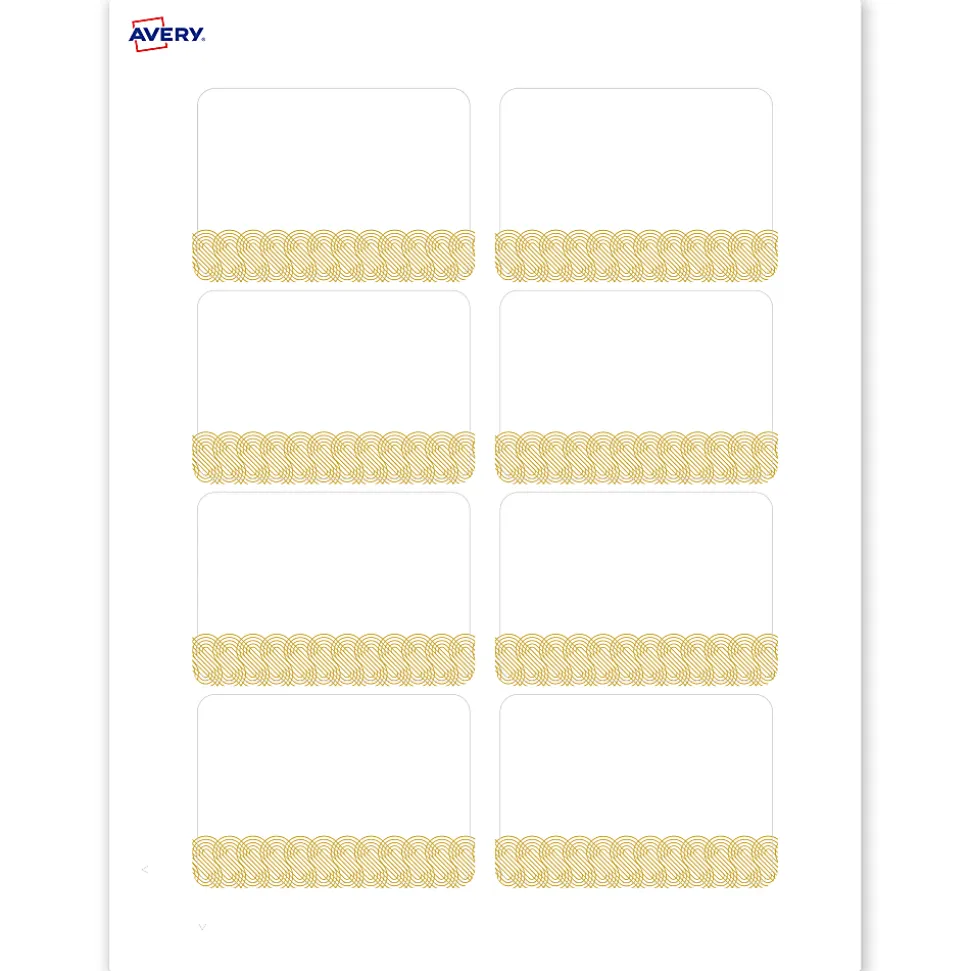 Avery® Printable Adhesive Name Badges With Preprinted Designs, Rectangle, S00-EX6, 2-1/3" x 3-3/8", Matte White With Gold Lace Trim Design, Pack Of 80