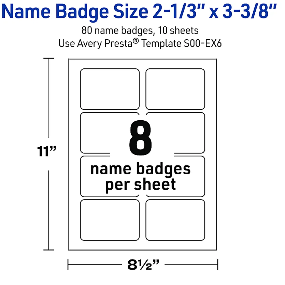 Avery® Printable Adhesive Name Badges With Preprinted Designs, Rectangle, S00-EX6, 2-1/3" x 3-3/8", Matte White With Gold Lace Trim Design, Pack Of 80