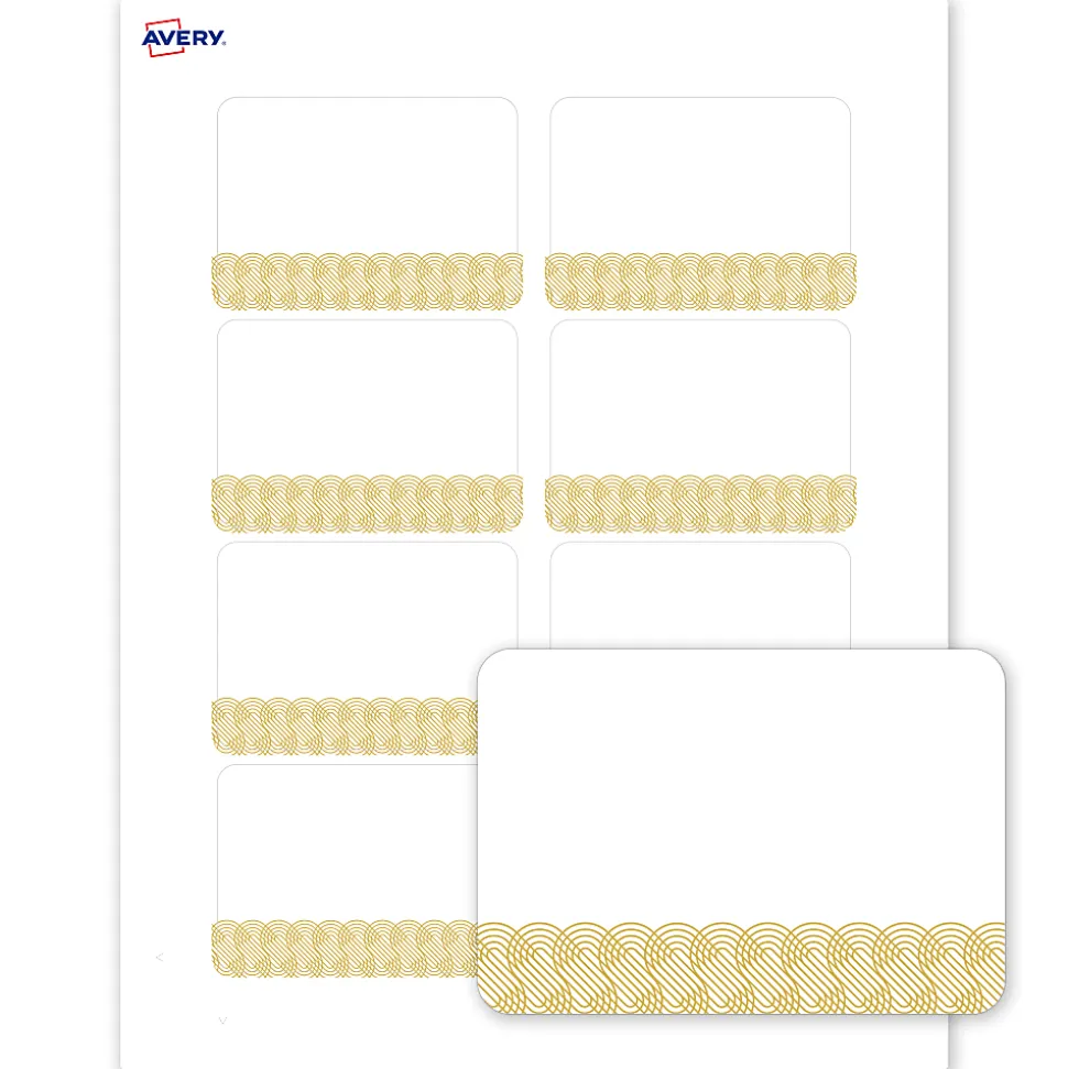 Avery® Printable Adhesive Name Badges With Preprinted Designs, Rectangle, S00-EX6, 2-1/3" x 3-3/8", Matte White With Gold Lace Trim Design, Pack Of 80