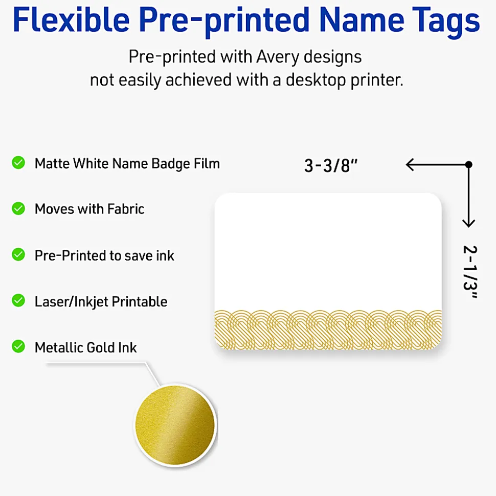 Avery® Printable Adhesive Name Badges With Preprinted Designs, Rectangle, S00-EX6, 2-1/3" x 3-3/8", Matte White With Gold Lace Trim Design, Pack Of 80