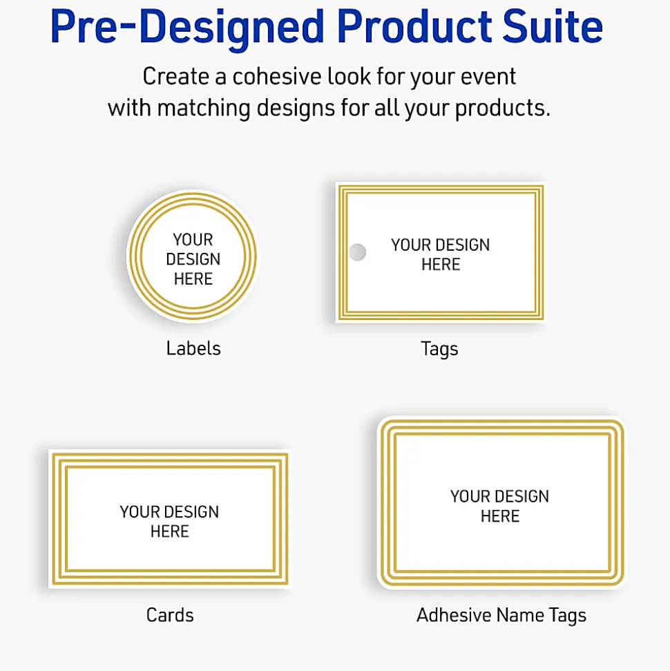 Avery® Printable Adhesive Name Badges/Preprinted Designs, Rectangle, S00-EXZ, 2-1/3" x 3-3/8", Matte White/Multi-Lined Gold Border, Pack Of 80