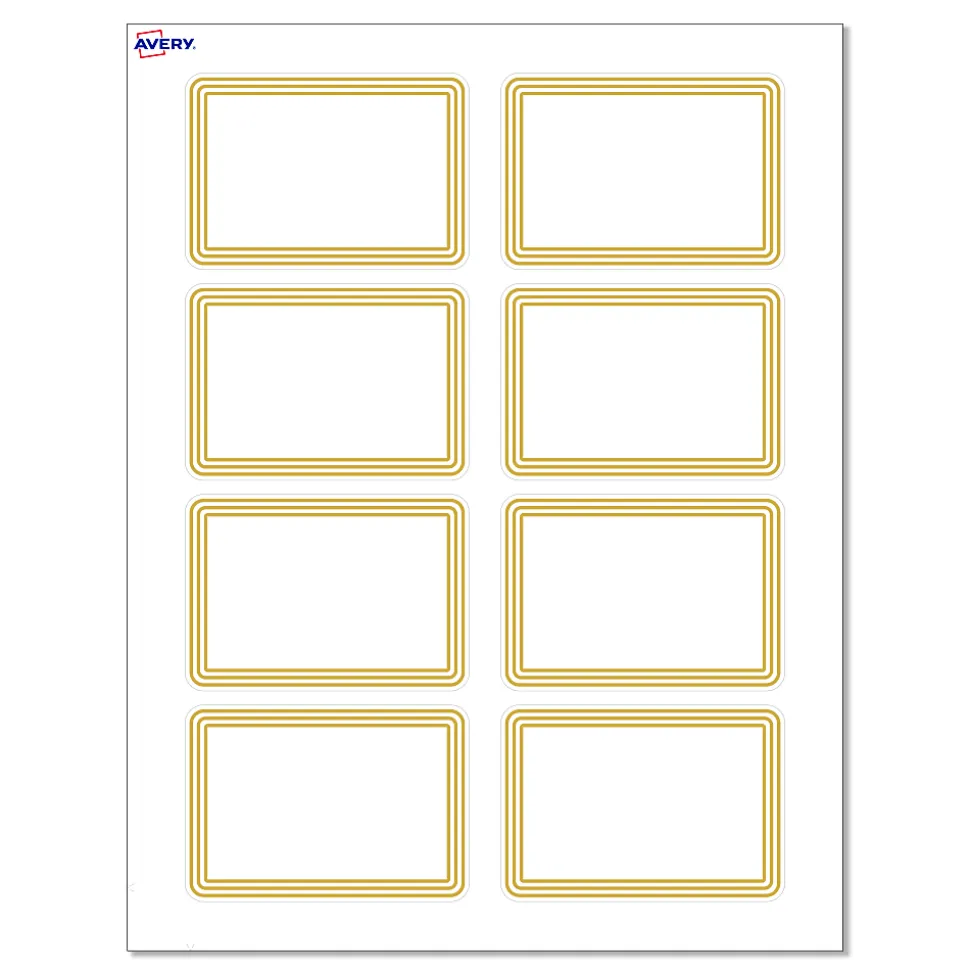 Avery® Printable Adhesive Name Badges/Preprinted Designs, Rectangle, S00-EXZ, 2-1/3" x 3-3/8", Matte White/Multi-Lined Gold Border, Pack Of 80
