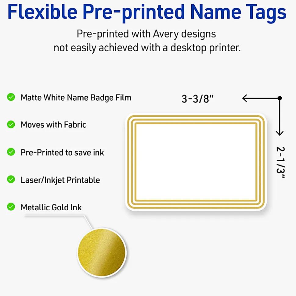 Avery® Printable Adhesive Name Badges/Preprinted Designs, Rectangle, S00-EXZ, 2-1/3" x 3-3/8", Matte White/Multi-Lined Gold Border, Pack Of 80