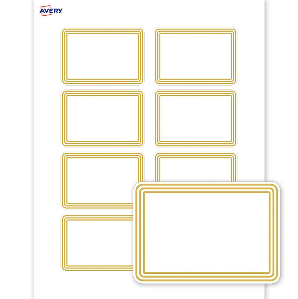 Avery® Printable Adhesive Name Badges/Preprinted Designs, Rectangle, S00-EXZ, 2-1/3" x 3-3/8", Matte White/Multi-Lined Gold Border, Pack Of 80