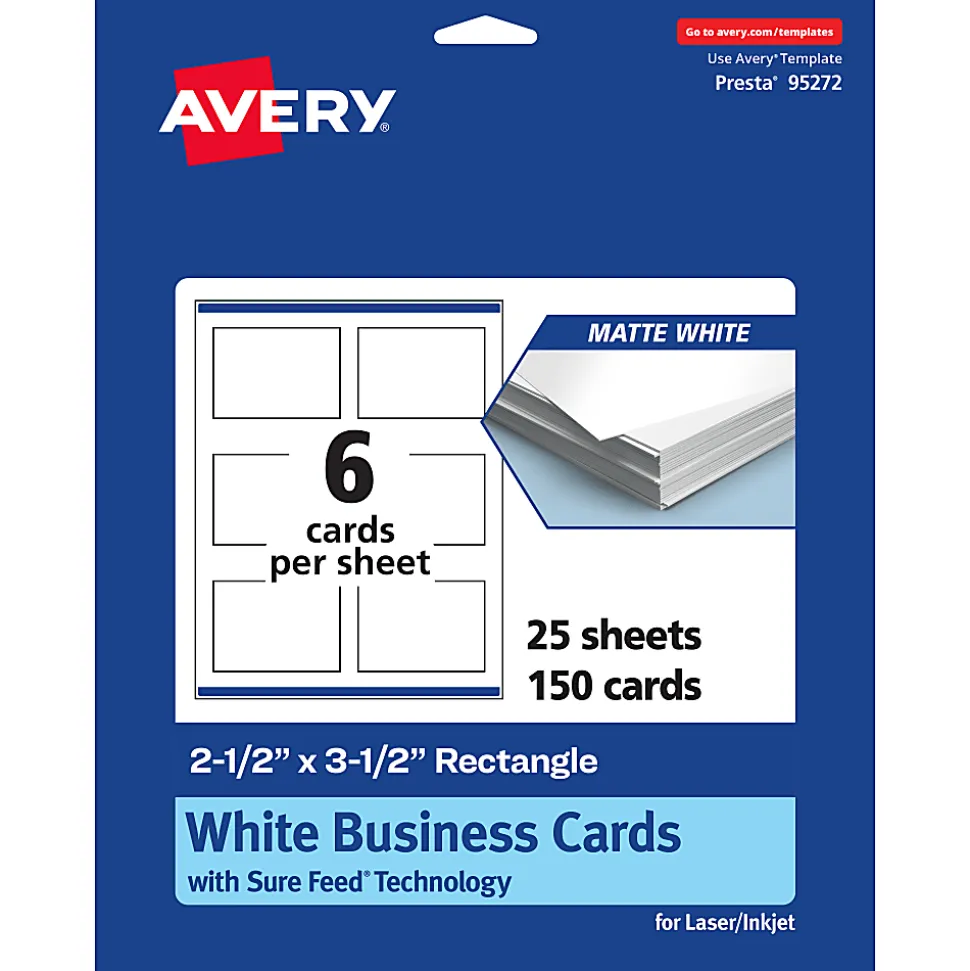 Avery® Printable Business Cards With Sure Feed® Technology, 95272-MWC25, Rectangle, 2.5" x 3.5", Matte White, Pack Of 150