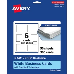 Avery® Printable Business Cards With Sure Feed® Technology, 95272-MWC50, Rectangle, 2.5