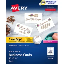Avery® Printable Clean Edge® Business Cards With Sure Feed® Technology For Laser Printers, 2" x 3-1/2", White, Pack Of 1,000 Blank Cards