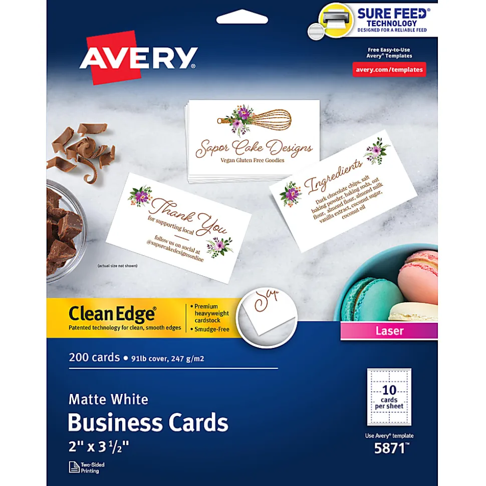 Avery® Printable Clean Edge® Business Cards With Sure Feed® Technology for Laser Printers, 2" x 3-1/2", White, Pack Of 200 Blank Cards