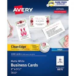 Avery® Printable Clean Edge® Business Cards With Sure Feed® Technology For Inkjet Printers, 2" x 3-1/2", White, Pack Of 1,000 Blank Cards