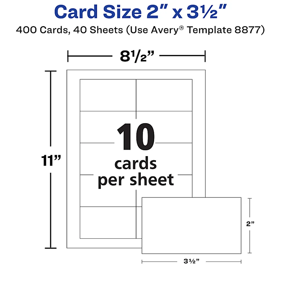 Avery® Printable Clean Edge® Business Cards With Sure Feed® Technology For Inkjet Printers, 2" x 3-1/2", White, Pack Of 400 Blank Cards