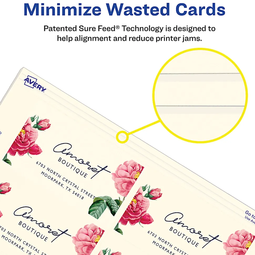 Avery® Printable Clean Edge® Business Cards With Sure Feed® Technology For Inkjet Printers, 2" x 3-1/2", Ivory, Pack Of 200 Blank Cards