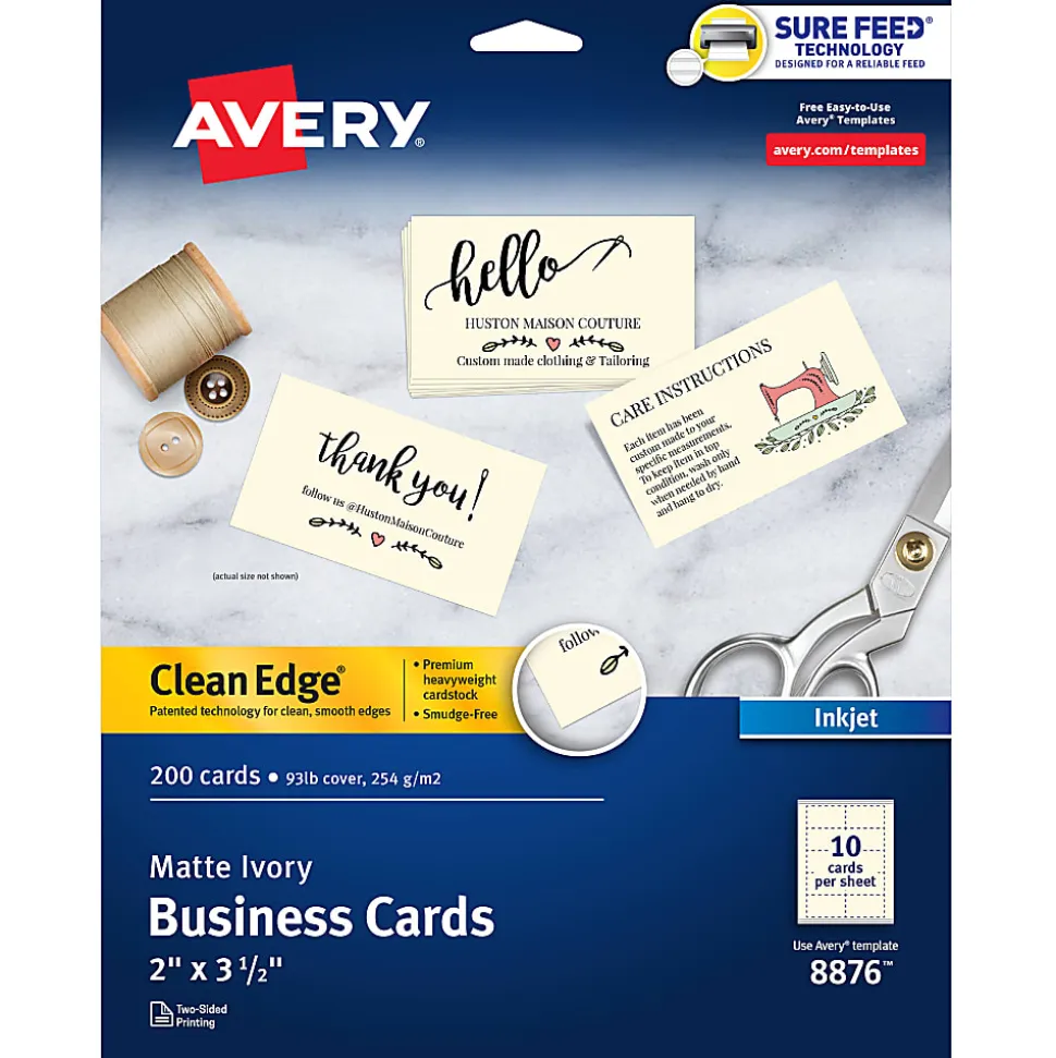 Avery® Printable Clean Edge® Business Cards With Sure Feed® Technology For Inkjet Printers, 2" x 3-1/2", Ivory, Pack Of 200 Blank Cards