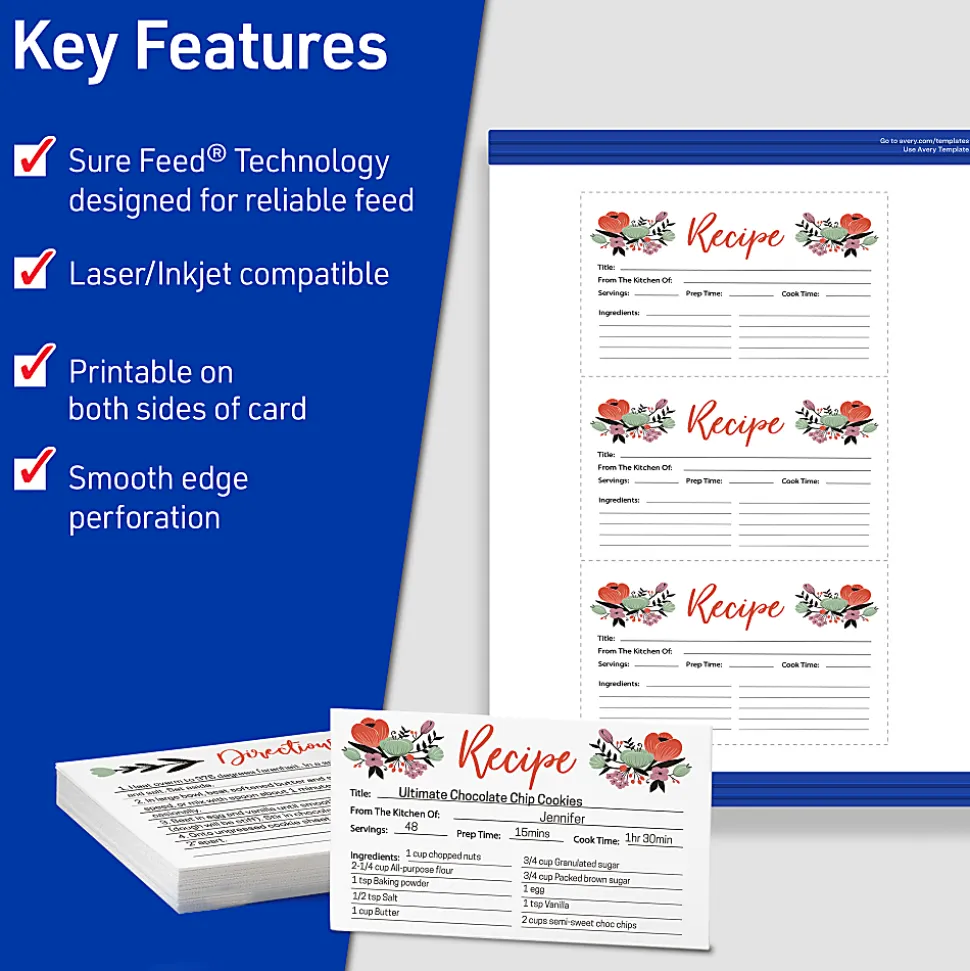 Avery® Printable Index Cards With Sure Feed® Technology, 3" x 5", White, Pack Of 150 Cards