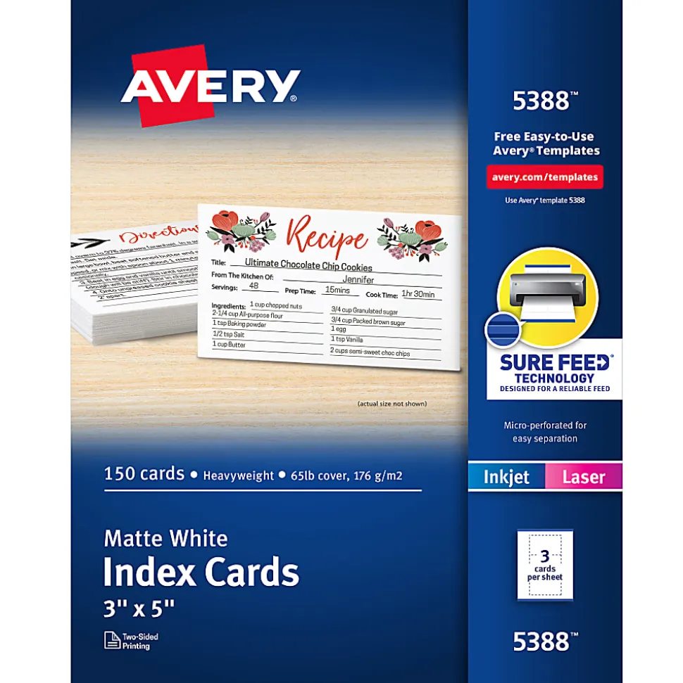 Avery® Printable Index Cards With Sure Feed® Technology, 3" x 5", White, Pack Of 150 Cards
