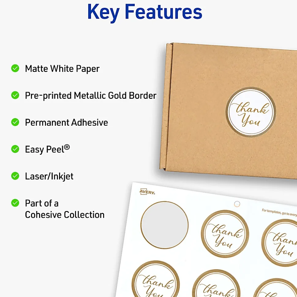 Avery® Printable Labels With Metallic Border, Round, 2" diameter, Matte White/Gold, Pack Of 120