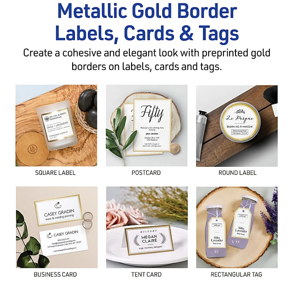 Avery® Printable Labels With Metallic Border, Round, 2" diameter, Matte White/Gold, Pack Of 120