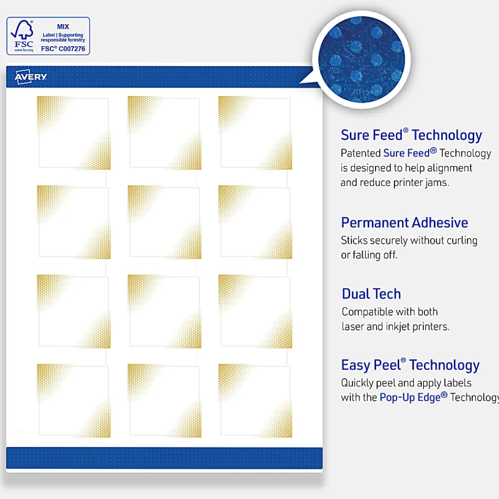 Avery® Printable Labels With Sure Feed® Technology, S00-EWA, Square, 2" x 2", Matte White With Preprinted Gold-Blush Pattern, Pack Of 120