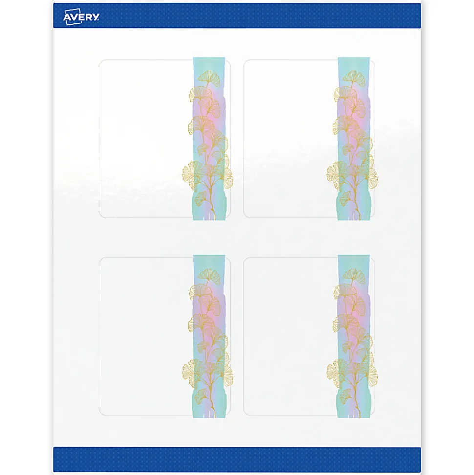 Avery® Printable Labels With Sure Feed® Technology, S00-EVD, 4" x 3-1/3", Glossy White With Preprinted Watercolor/Gold Leaf Design, Pack Of 40