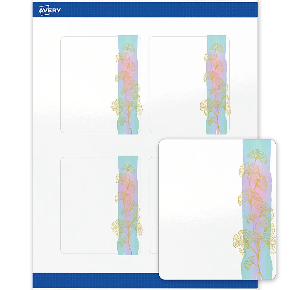 Avery® Printable Labels With Sure Feed® Technology, S00-EVD, 4" x 3-1/3", Glossy White With Preprinted Watercolor/Gold Leaf Design, Pack Of 40