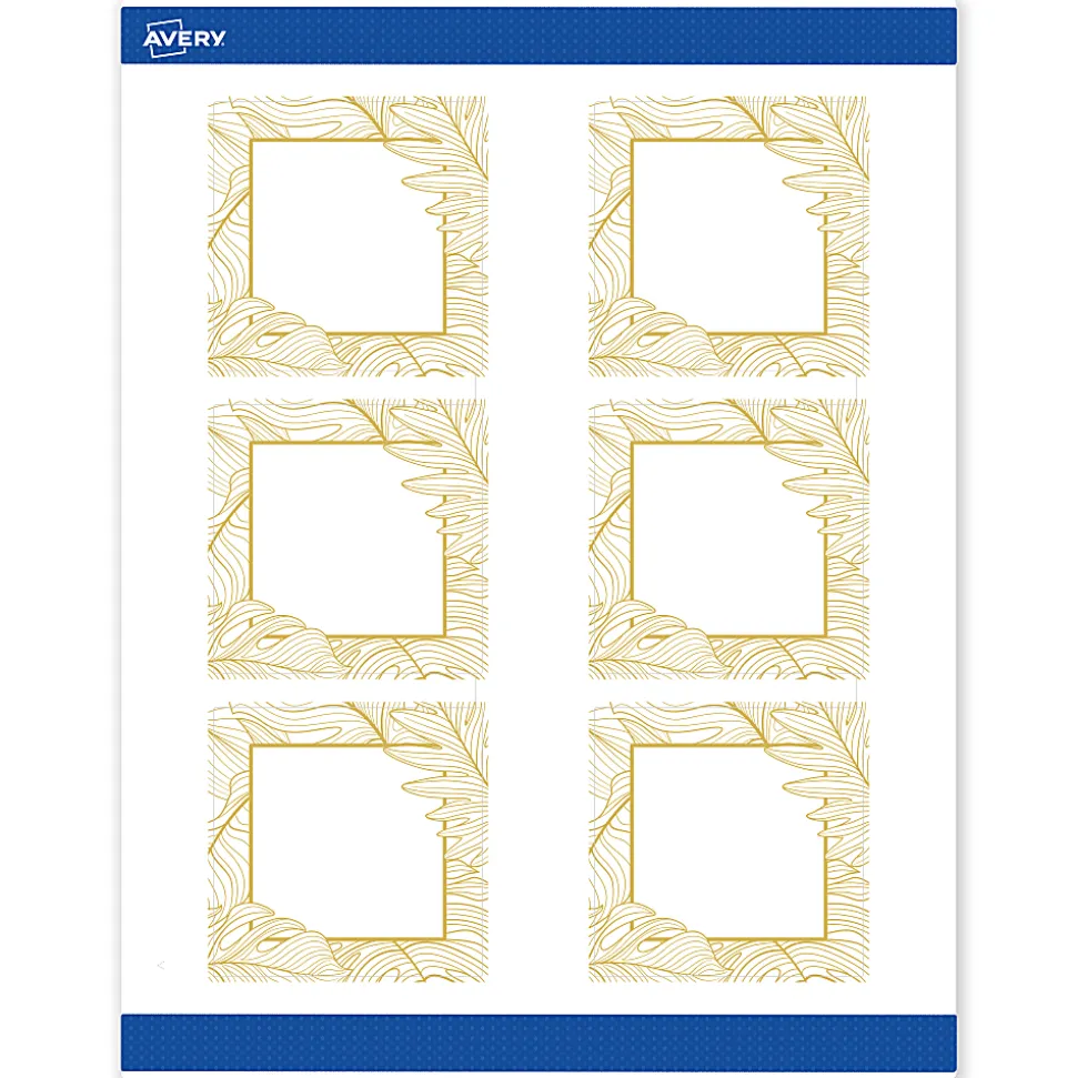 Avery® Printable Labels With Sure Feed® Technology, S00-EW7, Square, 3" x 3", Matte White With Preprinted Gold Leaf Pattern, Pack Of 60