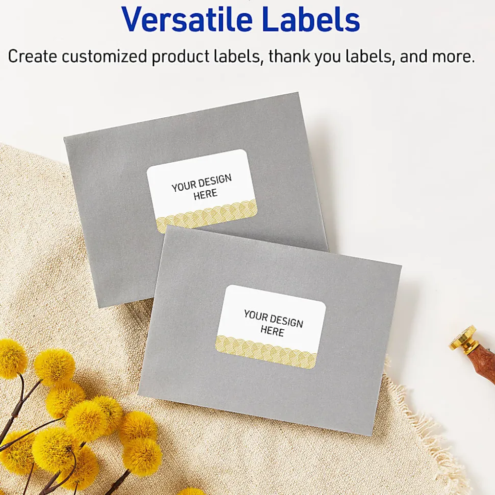 Avery® Printable Labels With Sure Feed® Technology, S00-EWV, Rectangle, 2" x 3", Glossy White With Preprinted Gold Lace Trim Pattern, Pack Of 80