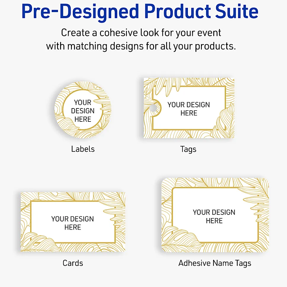 Avery® Printable Labels With Sure Feed® Technology, S00-EVX, Rectangle, 2" x 3", Matte White With Preprinted Gold Leaf Pattern, Pack Of 80