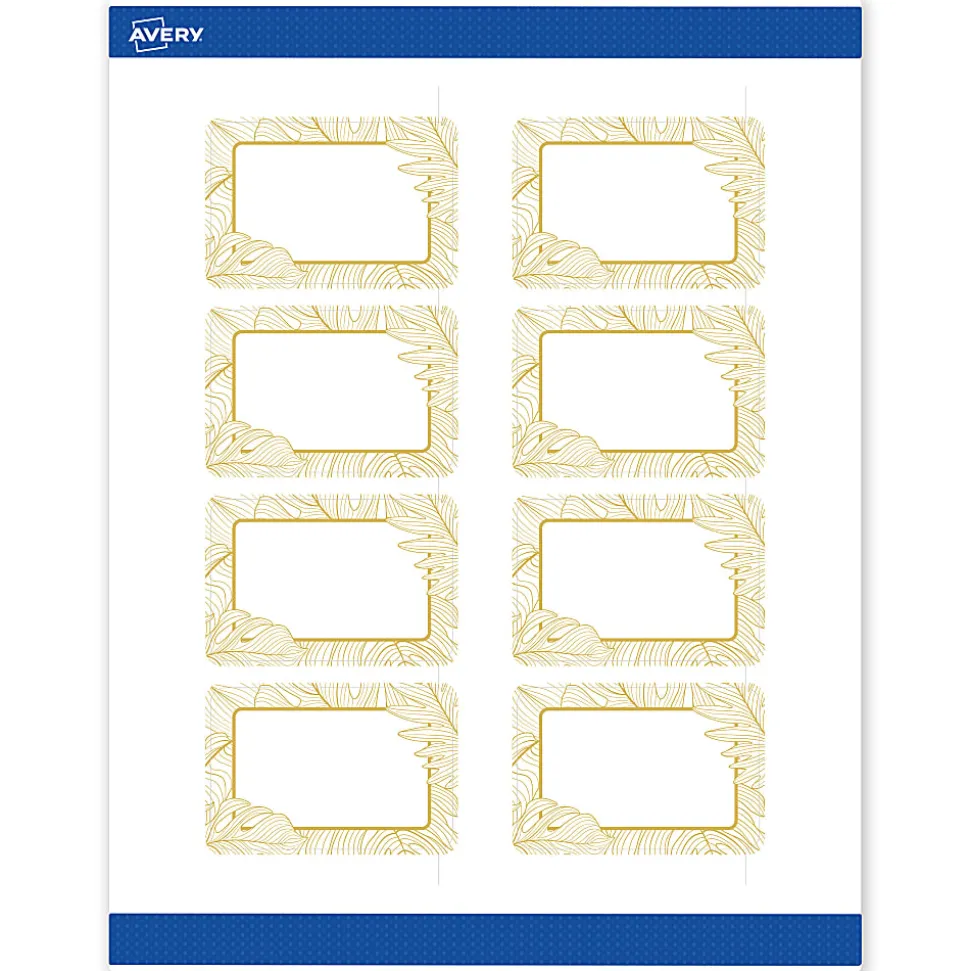 Avery® Printable Labels With Sure Feed® Technology, S00-EVX, Rectangle, 2" x 3", Matte White With Preprinted Gold Leaf Pattern, Pack Of 80