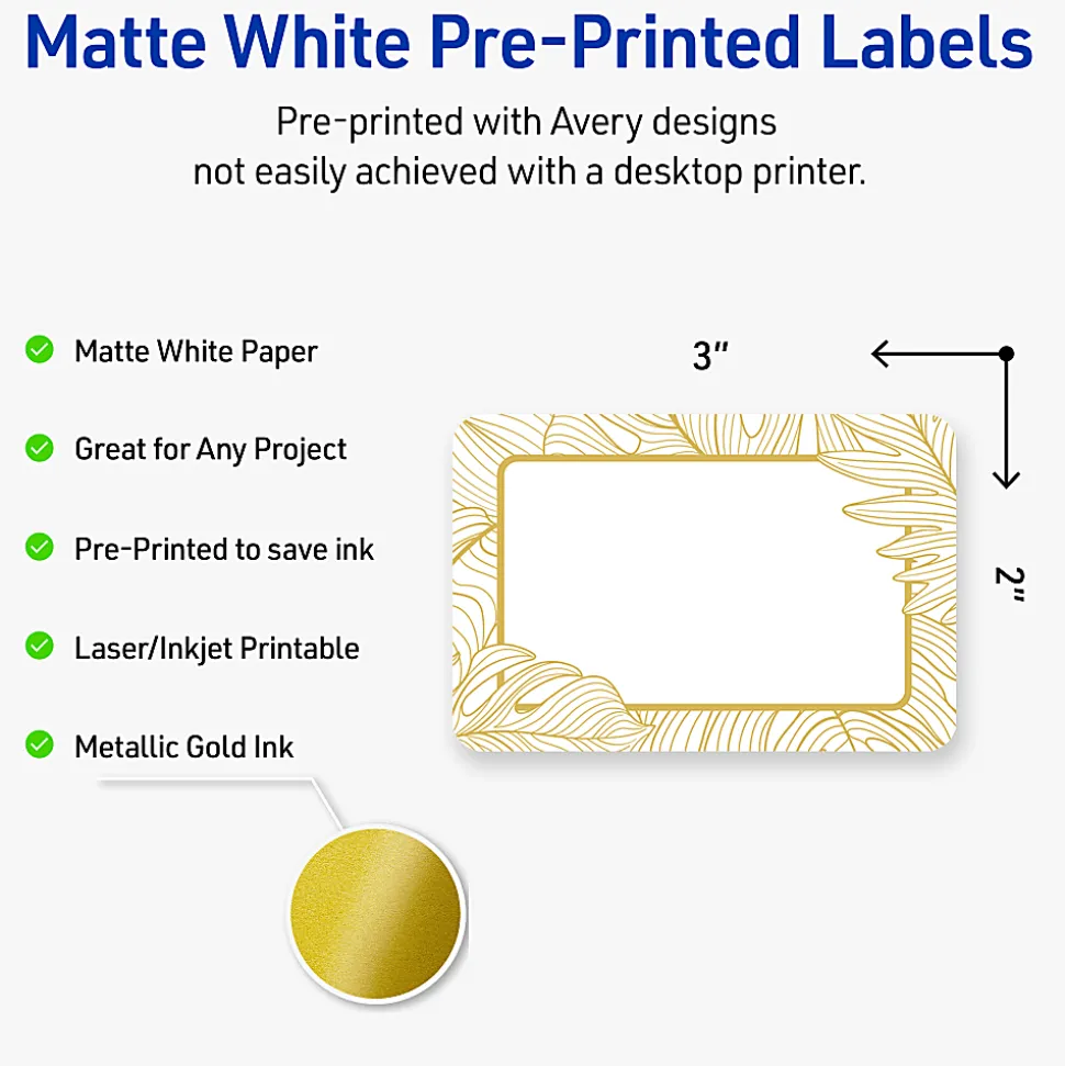 Avery® Printable Labels With Sure Feed® Technology, S00-EVX, Rectangle, 2" x 3", Matte White With Preprinted Gold Leaf Pattern, Pack Of 80