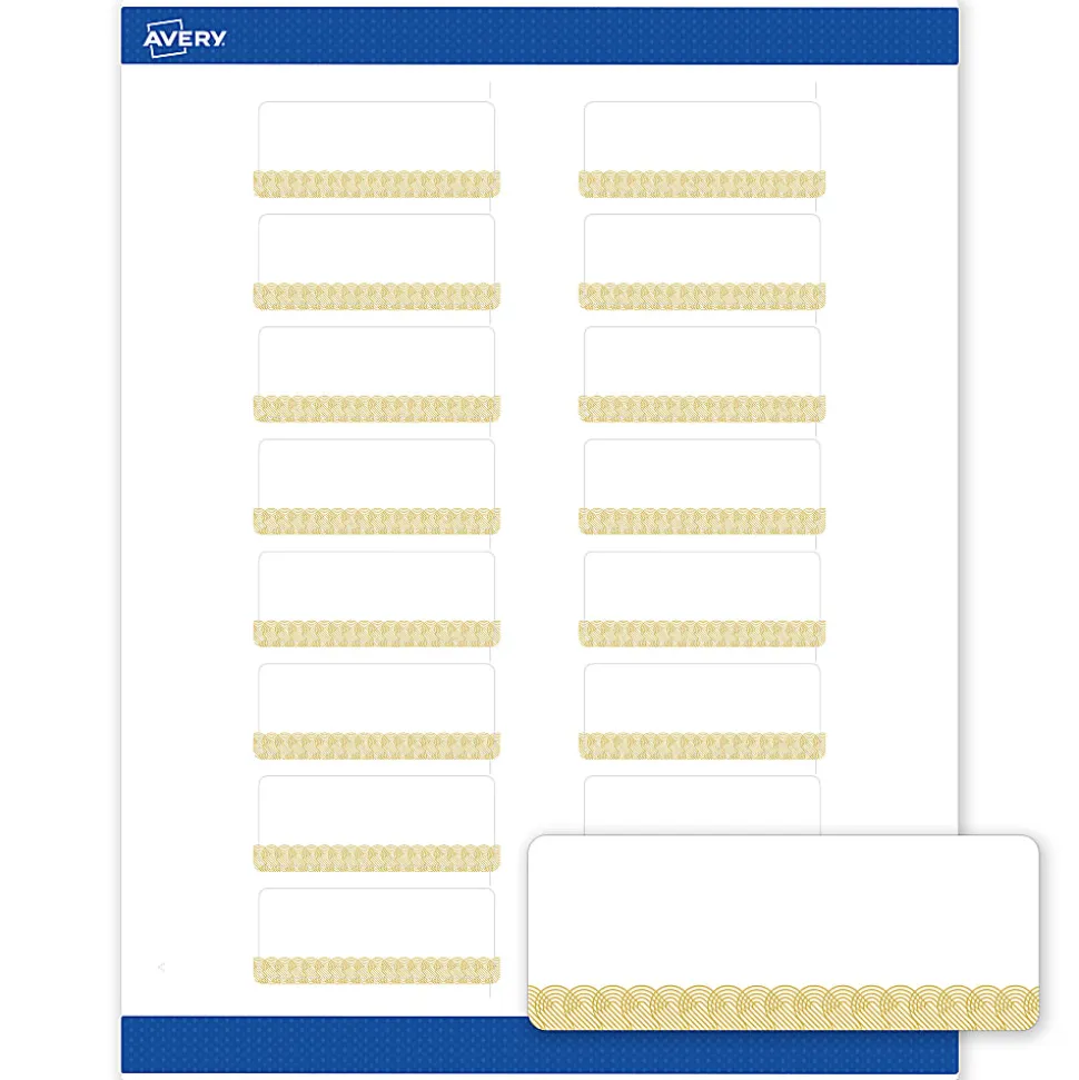 Avery® Printable Labels With Sure Feed® Technology, S00-ETW, Square, 2" x 2", Glossy White With Preprinted Blue Waves Design, Pack Of 120