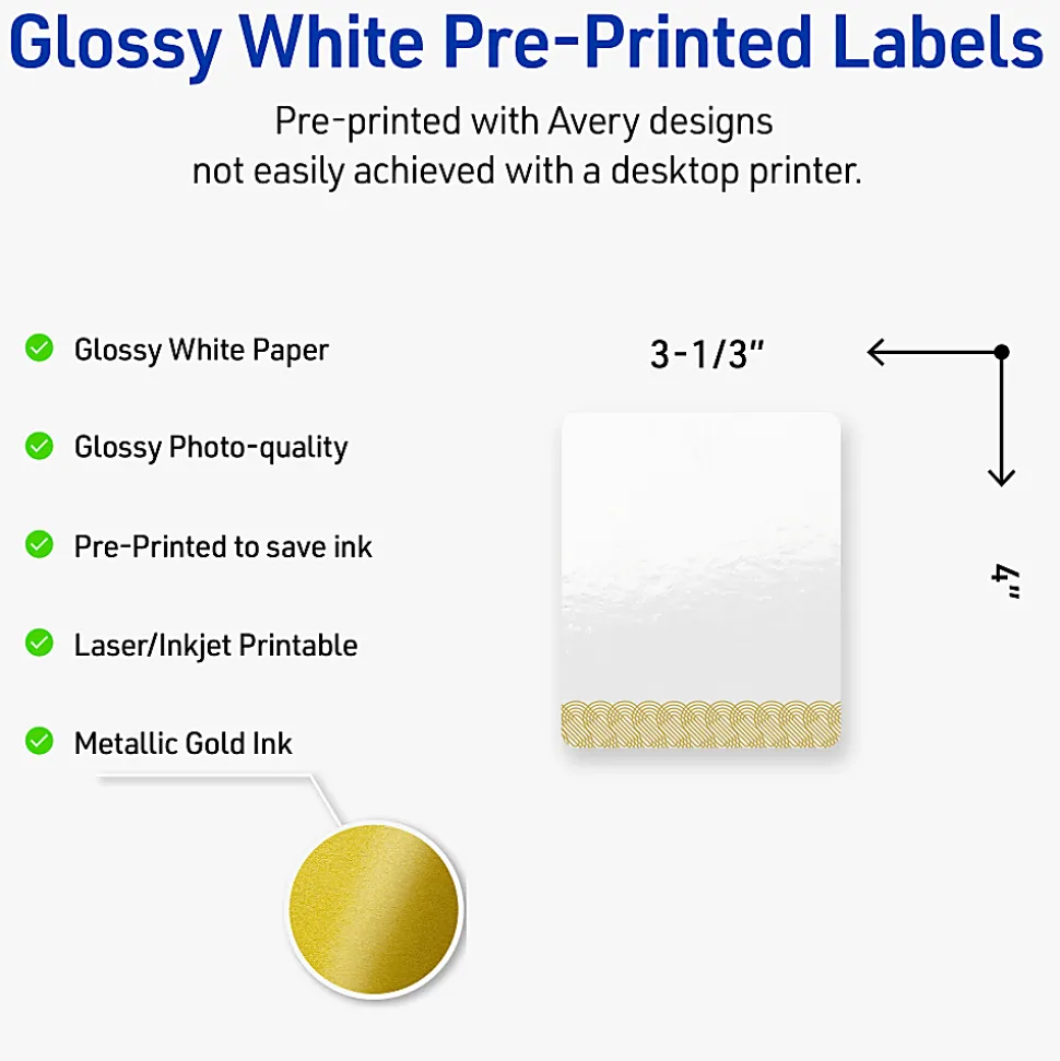 Avery® Printable Labels With Sure Feed® Technology, S00-EWT, Rectangle, 4" x 3-1/3", Glossy White With Preprinted Gold Lace Trim Pattern, Pack Of 40