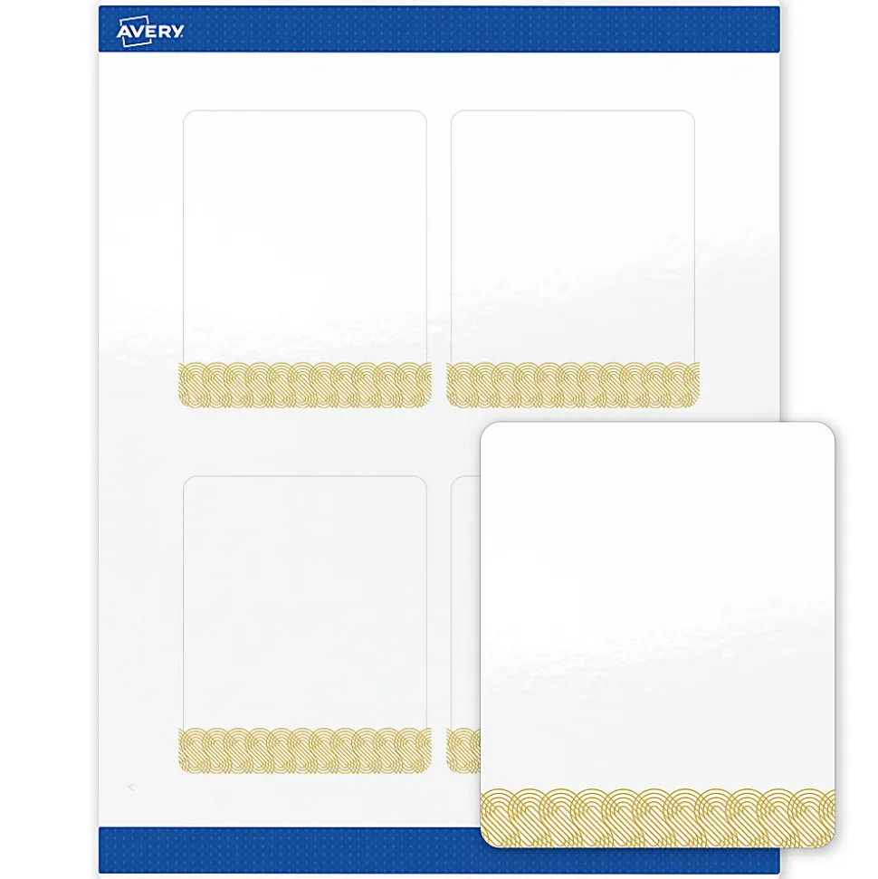 Avery® Printable Labels With Sure Feed® Technology, S00-EWT, Rectangle, 4" x 3-1/3", Glossy White With Preprinted Gold Lace Trim Pattern, Pack Of 40