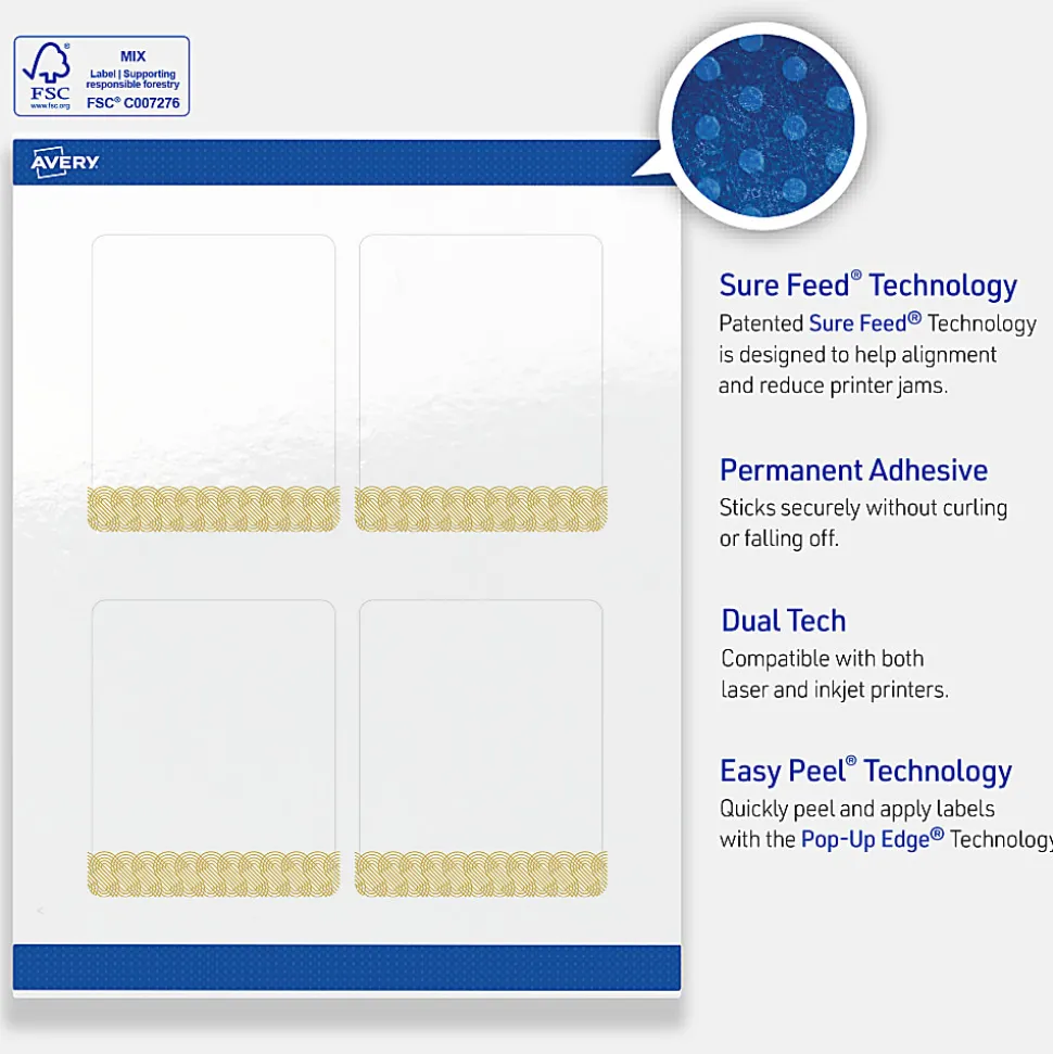 Avery® Printable Labels With Sure Feed® Technology, S00-EWT, Rectangle, 4" x 3-1/3", Glossy White With Preprinted Gold Lace Trim Pattern, Pack Of 40