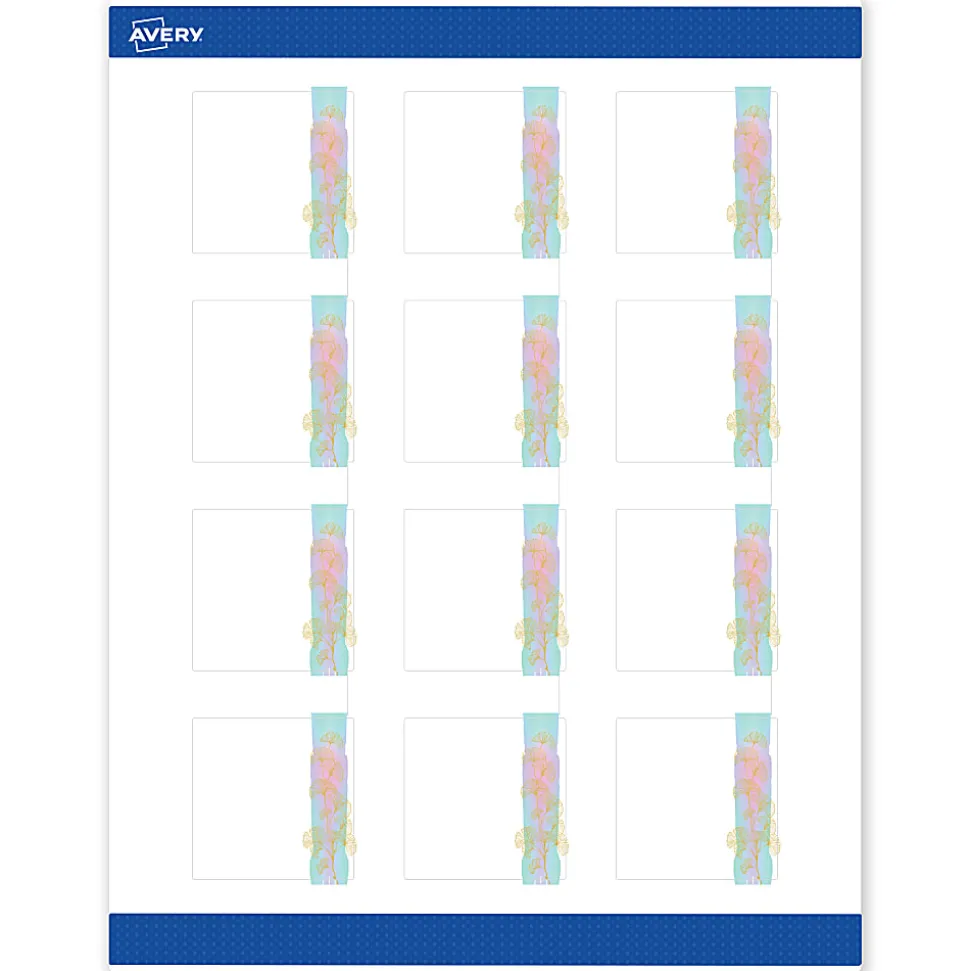 Avery® Printable Labels With Sure Feed® Technology, S00-EVB, Square, 2" x 2", Matte White With Preprinted Watercolor/Gold Leaf Design, Pack Of 120