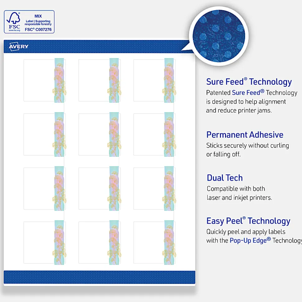 Avery® Printable Labels With Sure Feed® Technology, S00-EVB, Square, 2" x 2", Matte White With Preprinted Watercolor/Gold Leaf Design, Pack Of 120