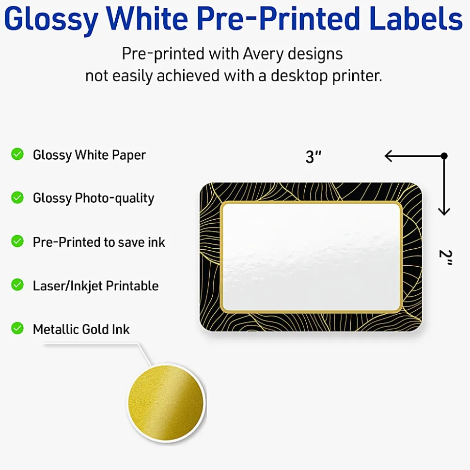 Avery® Printable Labels With Sure Feed® Technology, S00-ETY, Rectangle, 4" x 3-1/3", Glossy White With Preprinted Blue Waves Design, Pack Of 40