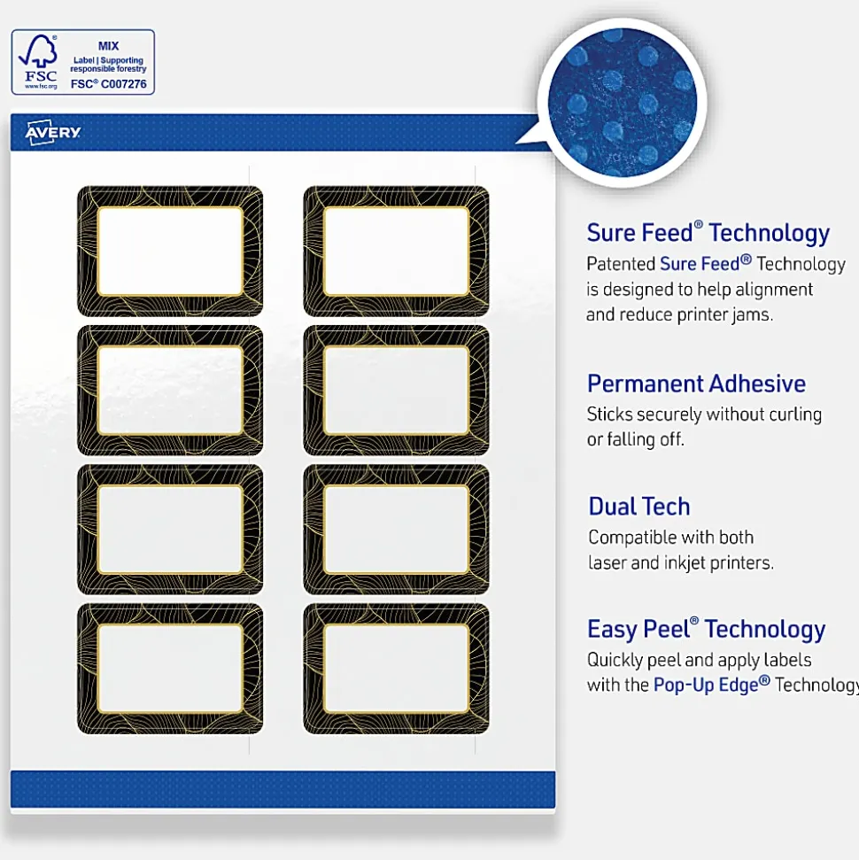 Avery® Printable Labels With Sure Feed® Technology, S00-ETY, Rectangle, 4" x 3-1/3", Glossy White With Preprinted Blue Waves Design, Pack Of 40