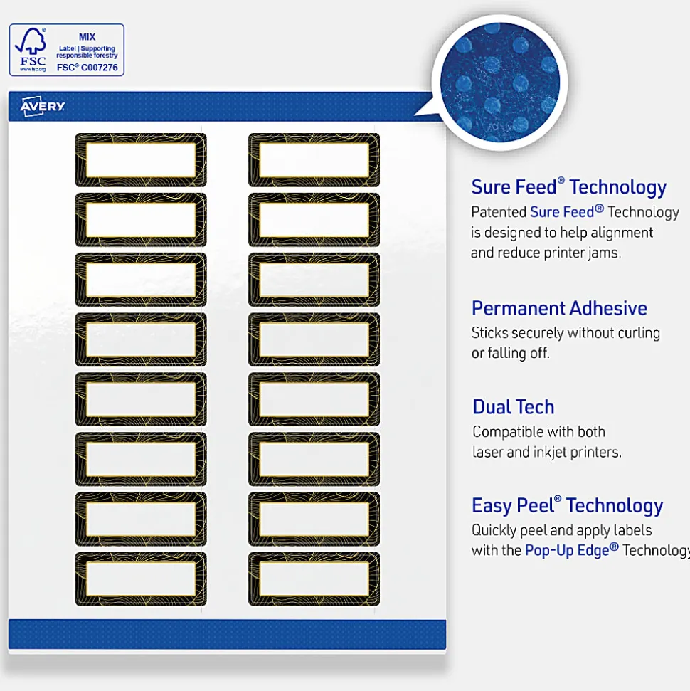 Avery® Printable Labels With Sure Feed® Technology, S00-ETX, Rectangle, 1" x 2-5/8", Glossy White With Preprinted Blue Waves Design, Pack Of 160