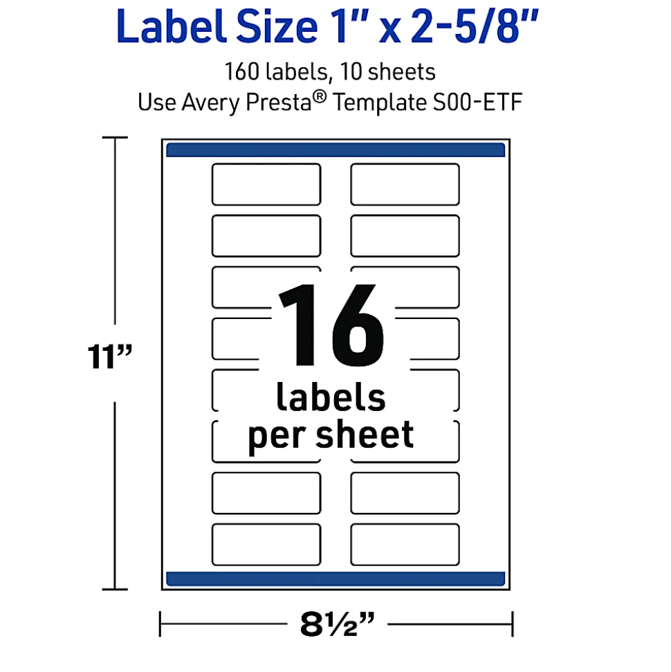 Avery® Printable Labels With Sure Feed® Technology, S00-ETX, Rectangle, 1" x 2-5/8", Glossy White With Preprinted Blue Waves Design, Pack Of 160
