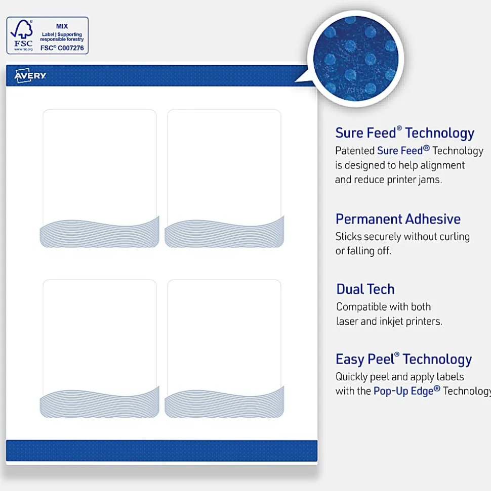 Avery® Printable Labels With Sure Feed® Technology, S00-EVC, 1" x 2-5/8", Glossy White With Preprinted Watercolor/Gold Leaf Design, Pack Of 160