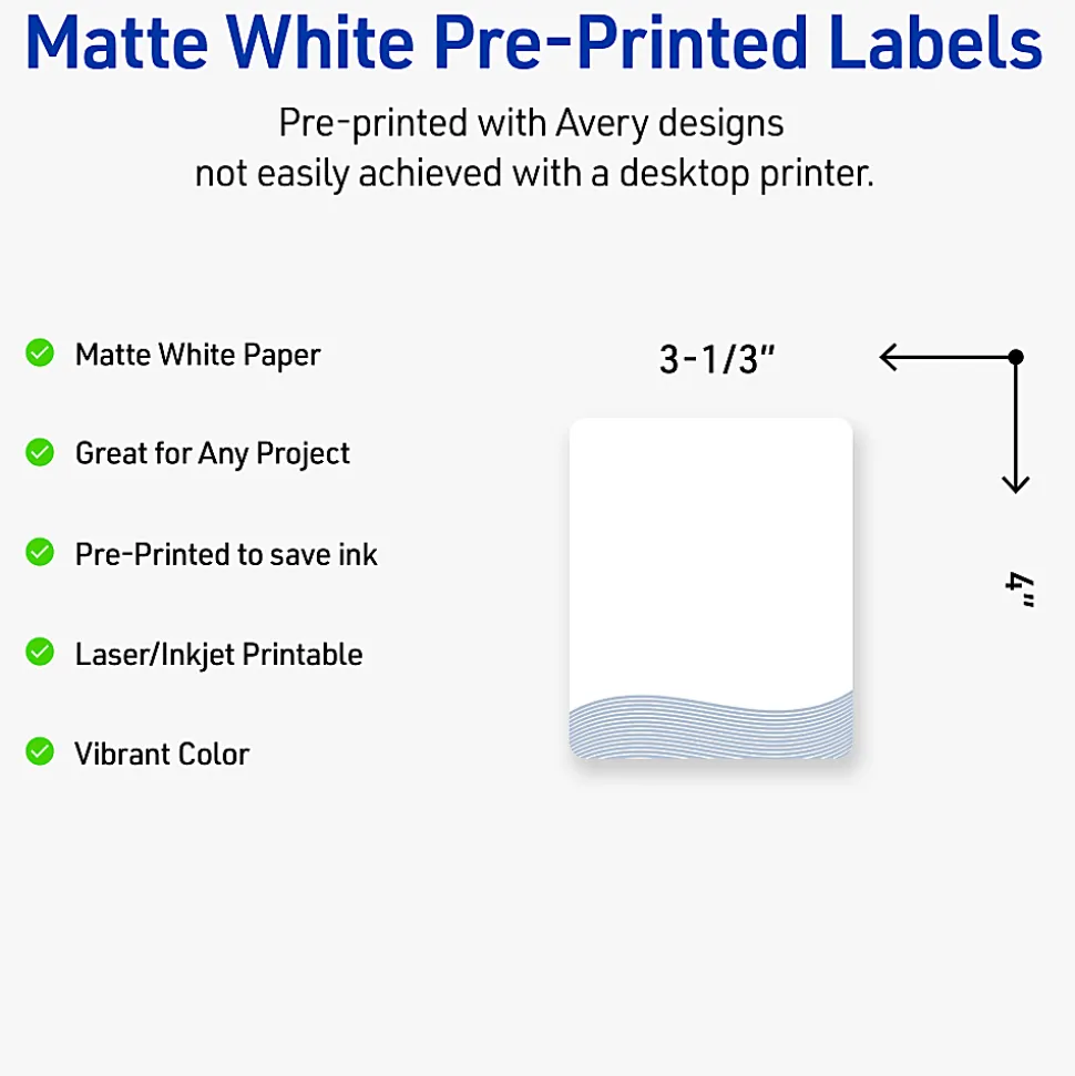 Avery® Printable Labels With Sure Feed® Technology, S00-EVC, 1" x 2-5/8", Glossy White With Preprinted Watercolor/Gold Leaf Design, Pack Of 160