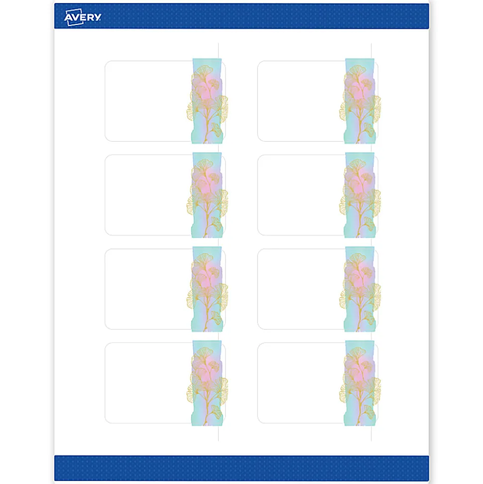 Avery® Printable Labels With Sure Feed® Technology, S00-EVE, Rectangle, 2" x 3", Matte White With Preprinted Watercolor/Gold Leaf Design, Pack Of 80