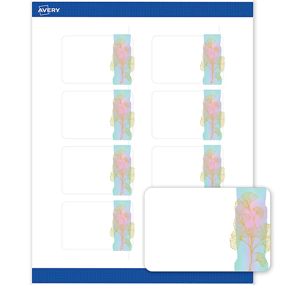 Avery® Printable Labels With Sure Feed® Technology, S00-EVE, Rectangle, 2" x 3", Matte White With Preprinted Watercolor/Gold Leaf Design, Pack Of 80
