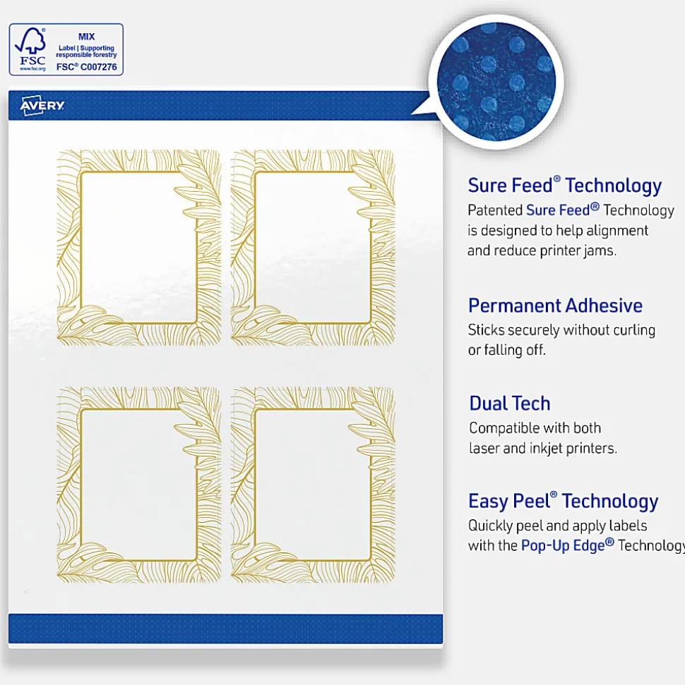 Avery® Printable Labels With Sure Feed® Technology, S00-EVW, Rectangle, 4" x 3-1/3", Glossy White With Preprinted Gold Leaf Pattern, Pack Of 40