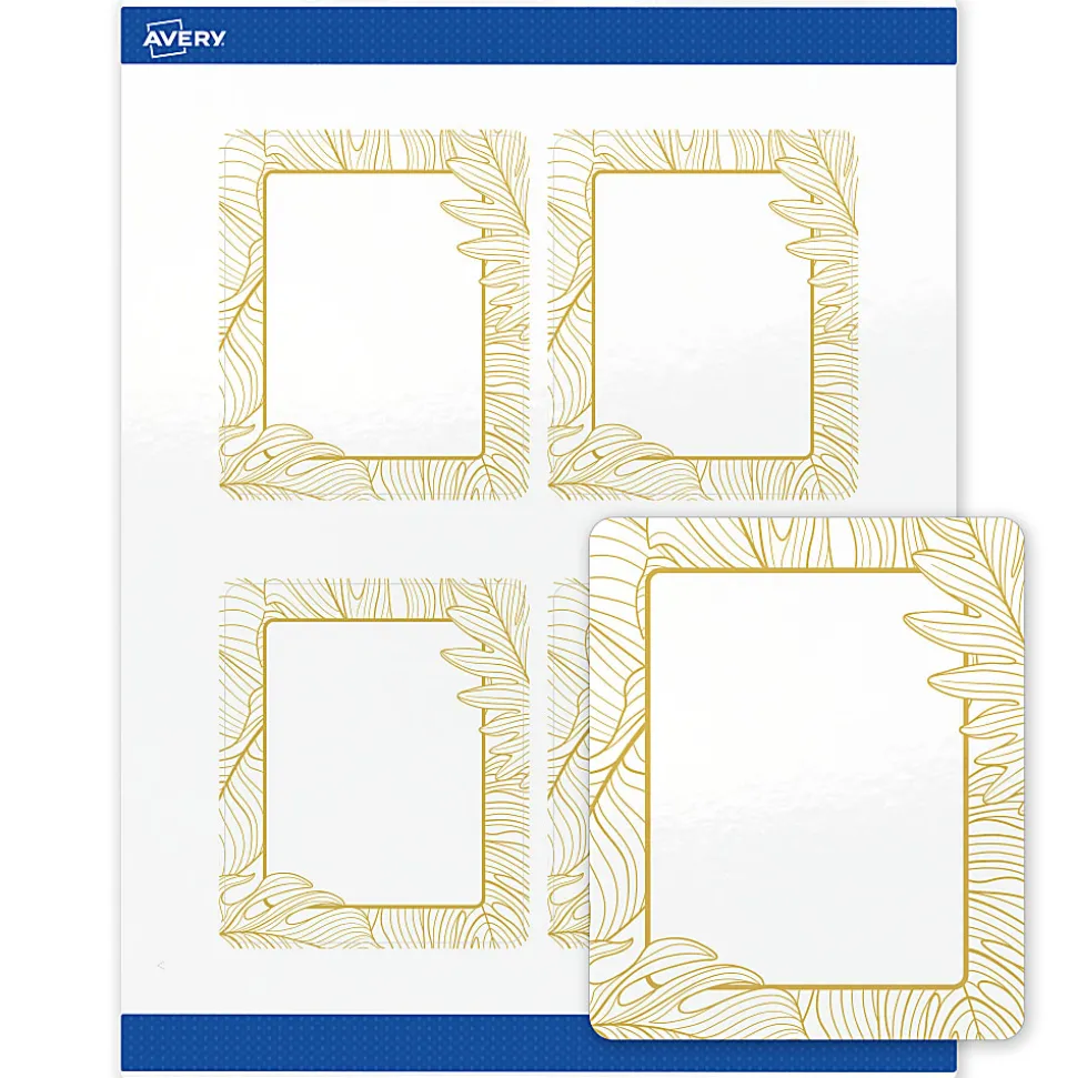 Avery® Printable Labels With Sure Feed® Technology, S00-EVW, Rectangle, 4" x 3-1/3", Glossy White With Preprinted Gold Leaf Pattern, Pack Of 40