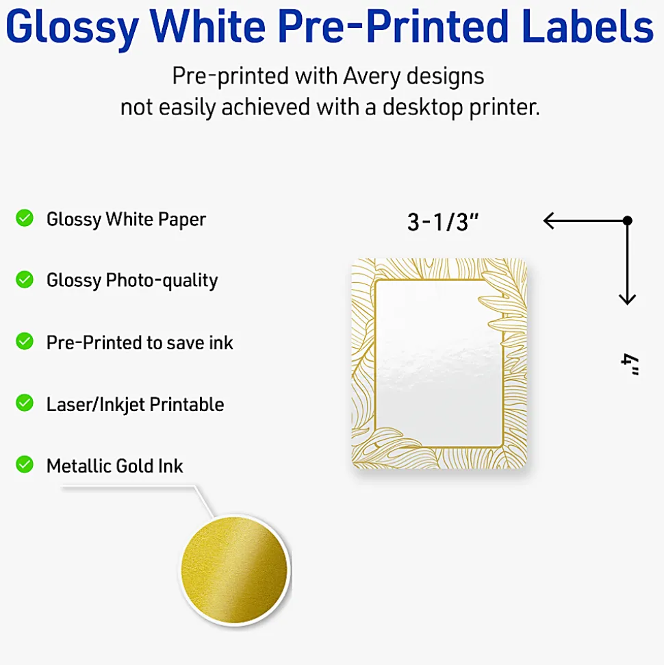 Avery® Printable Labels With Sure Feed® Technology, S00-EVW, Rectangle, 4" x 3-1/3", Glossy White With Preprinted Gold Leaf Pattern, Pack Of 40