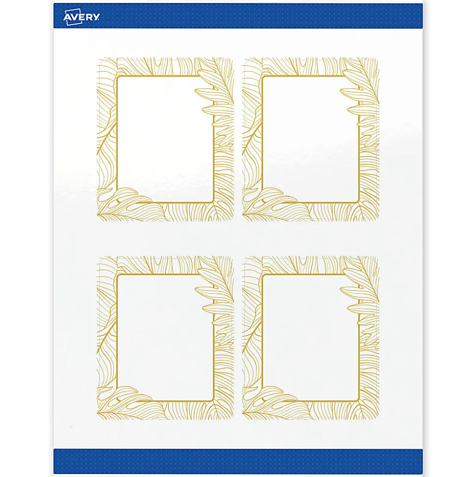 Avery® Printable Labels With Sure Feed® Technology, S00-EVW, Rectangle, 4" x 3-1/3", Glossy White With Preprinted Gold Leaf Pattern, Pack Of 40