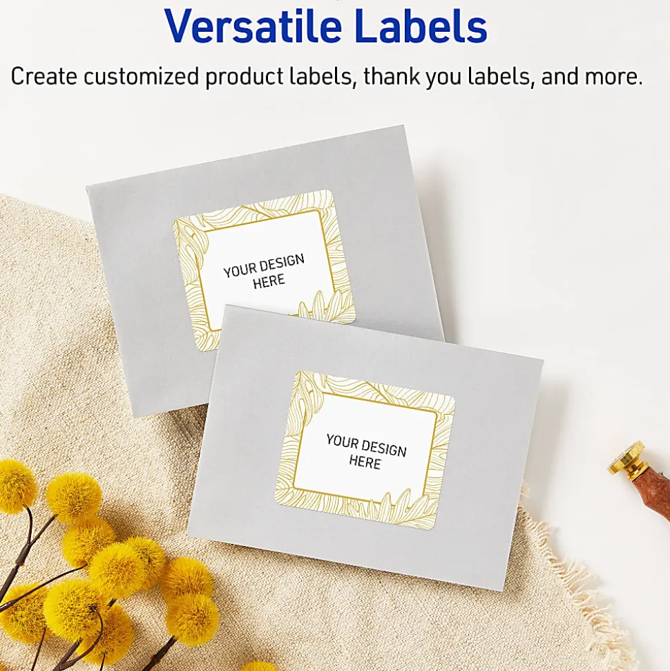 Avery® Printable Labels With Sure Feed® Technology, S00-EVW, Rectangle, 4" x 3-1/3", Glossy White With Preprinted Gold Leaf Pattern, Pack Of 40