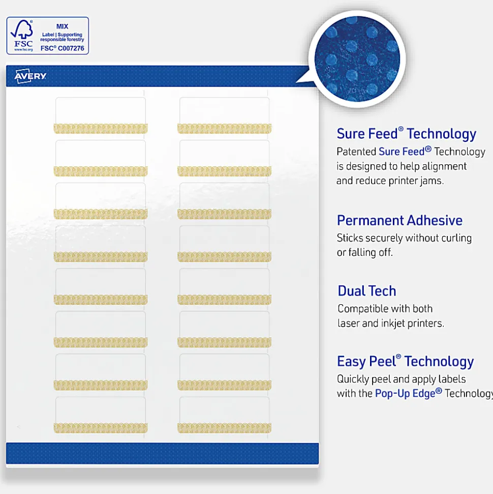 Avery® Printable Labels With Sure Feed® Technology, S00-EVR, Square, 3" x 3", Matte White With Preprinted Watercolor/Gold Leaf Design, Pack Of 60