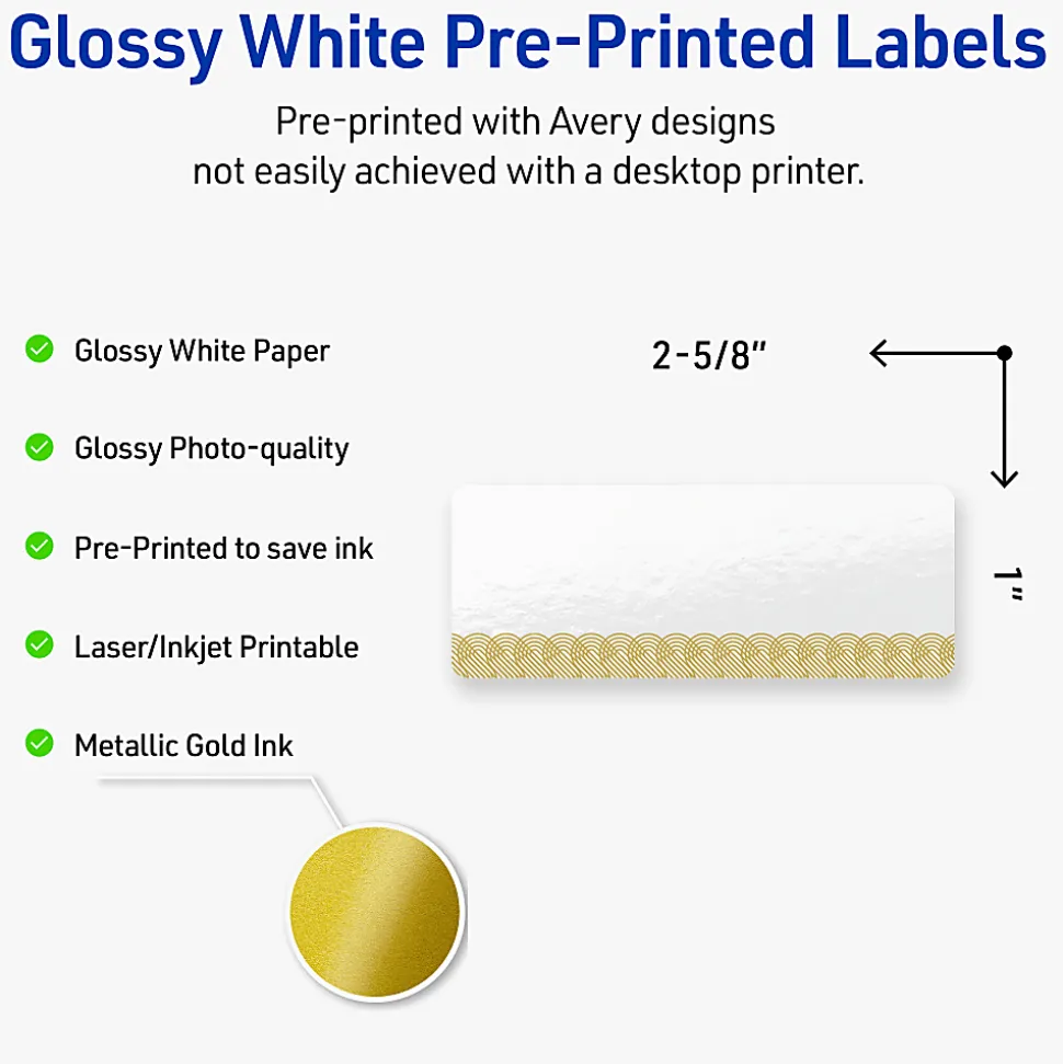 Avery® Printable Labels With Sure Feed® Technology, S00-EVR, Square, 3" x 3", Matte White With Preprinted Watercolor/Gold Leaf Design, Pack Of 60