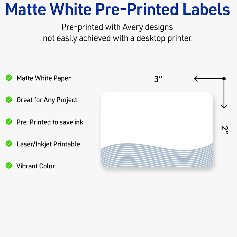 Avery® Printable Labels With Sure Feed® Technology, S00-ETZ, Rectangle, 2" x 3", Matte White With Preprinted Blue Waves Design, Pack Of 80
